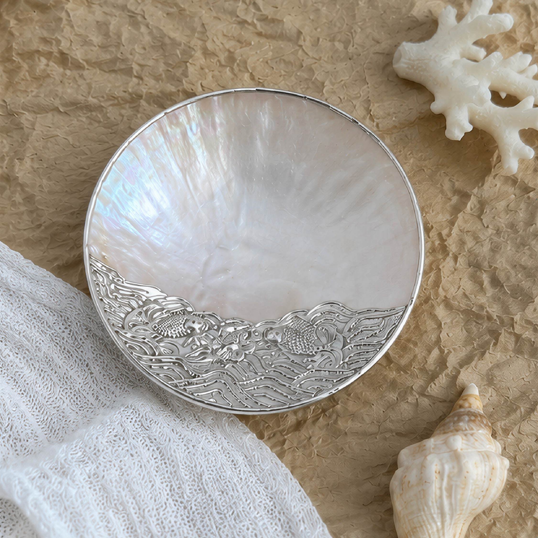 One-Sided Silver Patterned Mother of Pearl Plate/Jewelry Tray - Handmade 1 PC