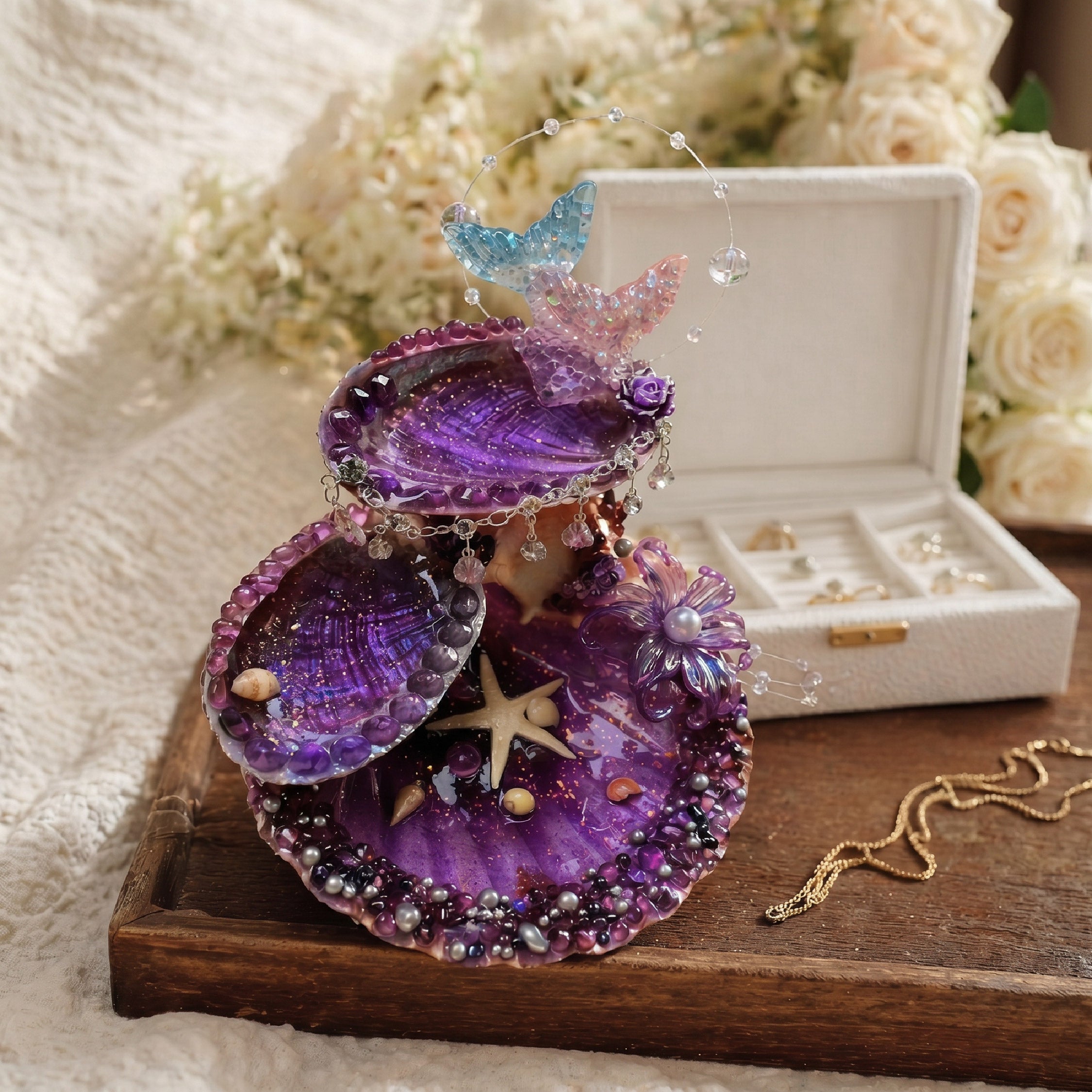 Lavender Shimmer Mermaid Petite 3-Tier Jewelry Tray - Handcrafted 1 PC