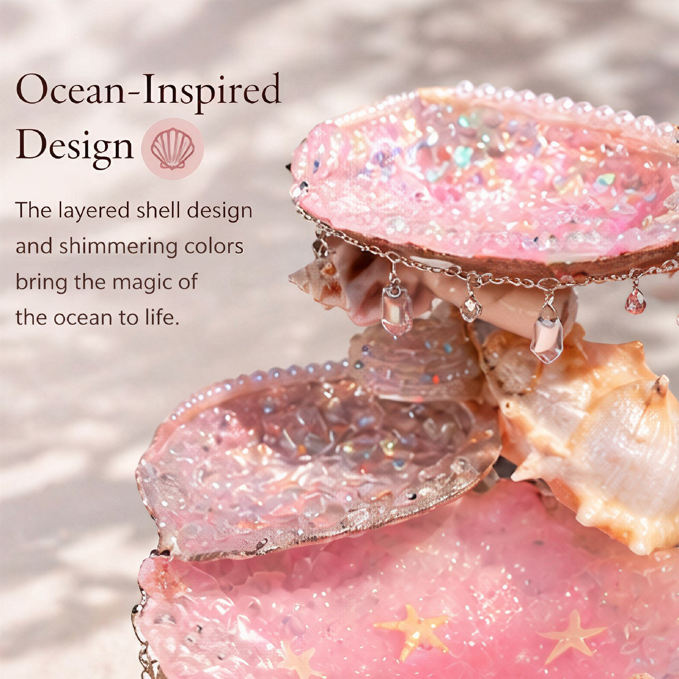 Sea Breeze Glittering Shell Mermaid Petite Double-Tier Jewelry Tray - Handcrafted 1 PC
