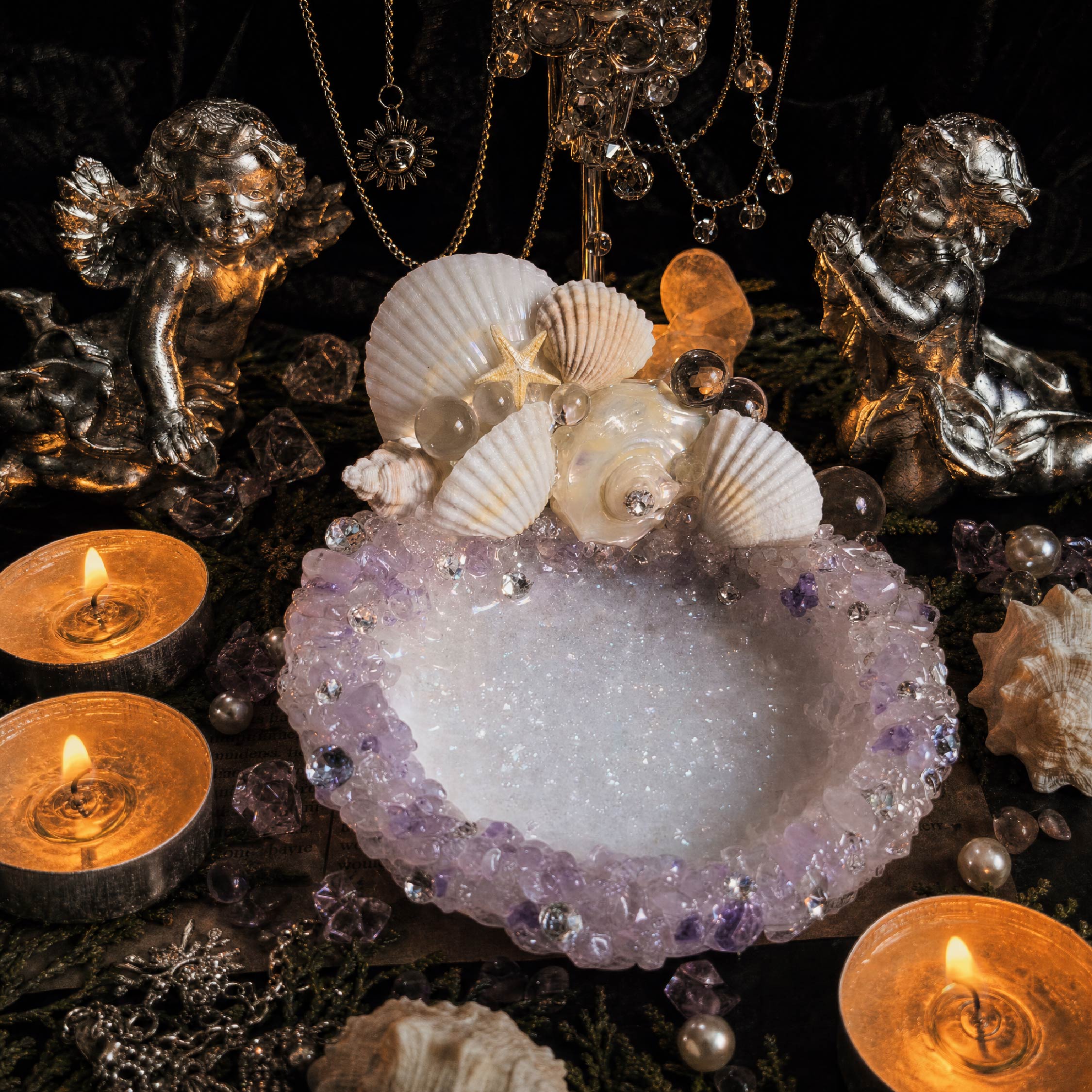 Siren’s Amethyst Handmade Purple Seashell Jewelry & Candle Holder - Handcrafted 1 PC
