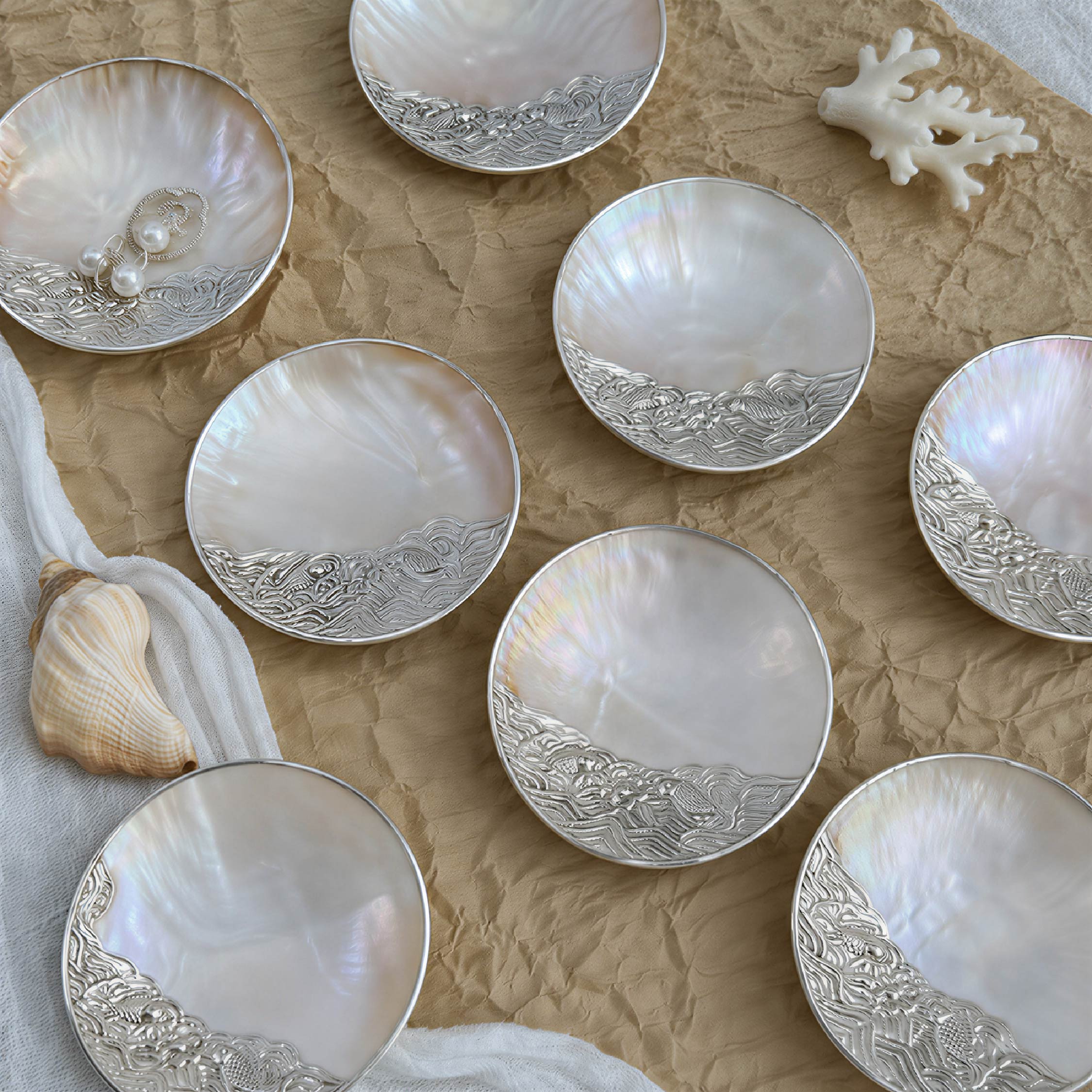 One-Sided Silver Patterned Mother of Pearl Plate/Jewelry Tray - Handmade 1 PC