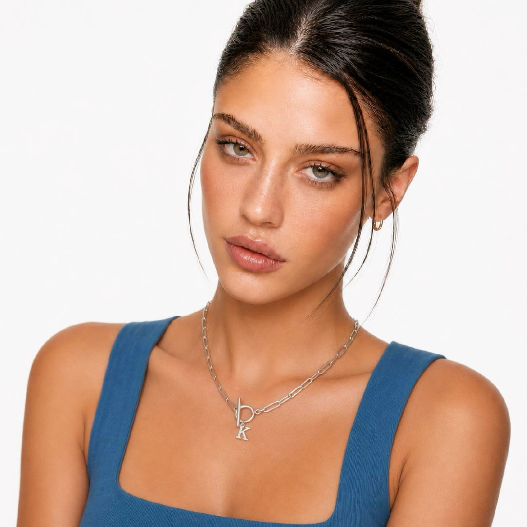Paperclip Letter Initial Circle Lock Clasp Necklace