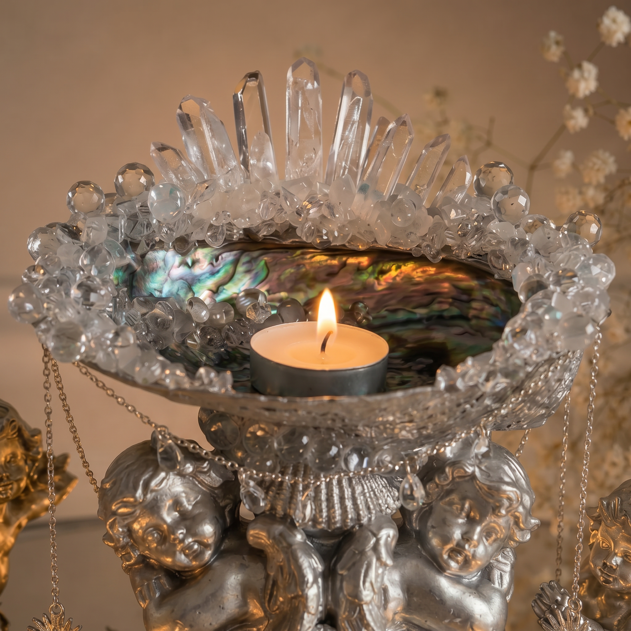Twin Cherubs | Vintage One-of-a-Kind Mother of Pearl Jewelry & Candle Holder