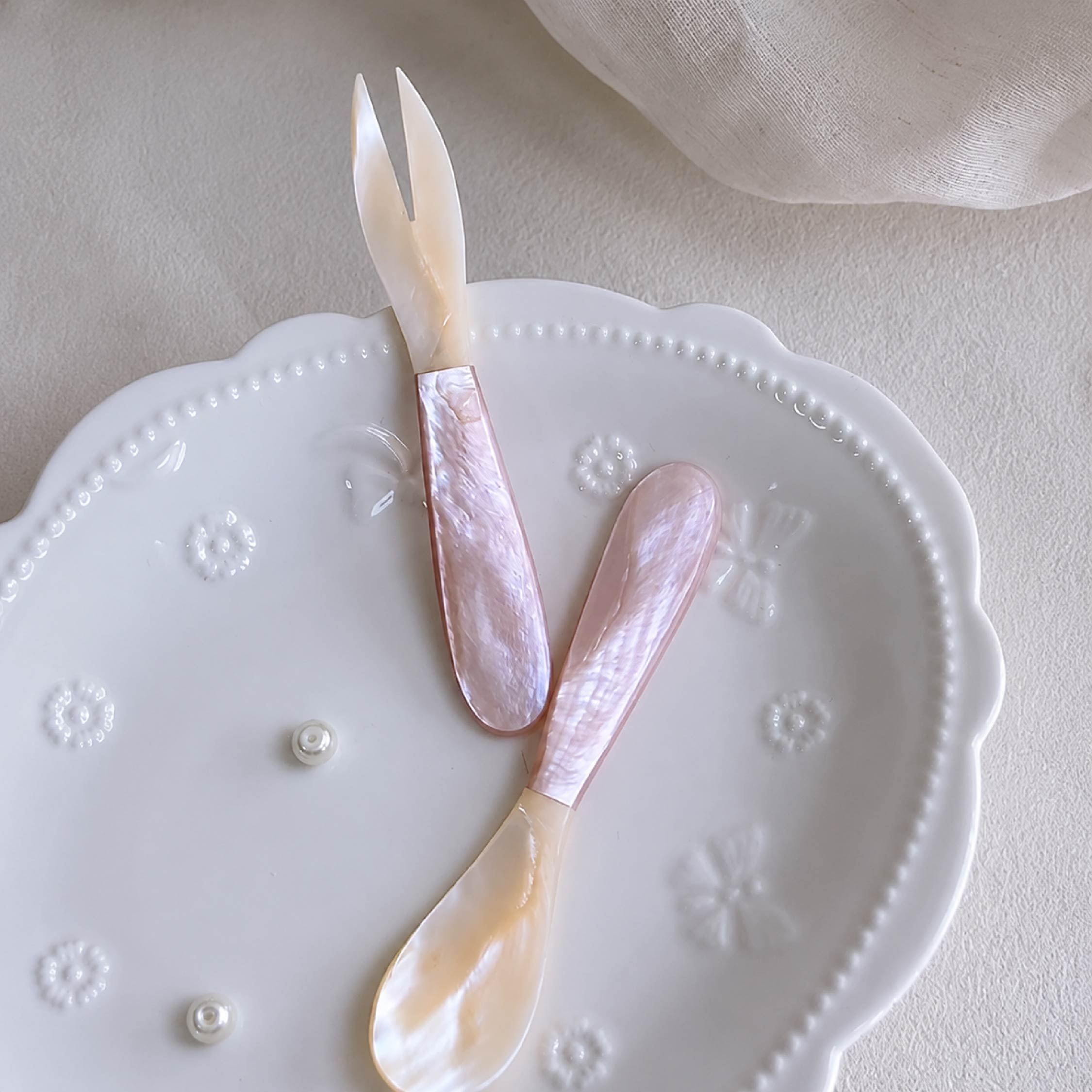 Pink Mother of Pearl Serving Spoon & Folk - Handmade 1 Set