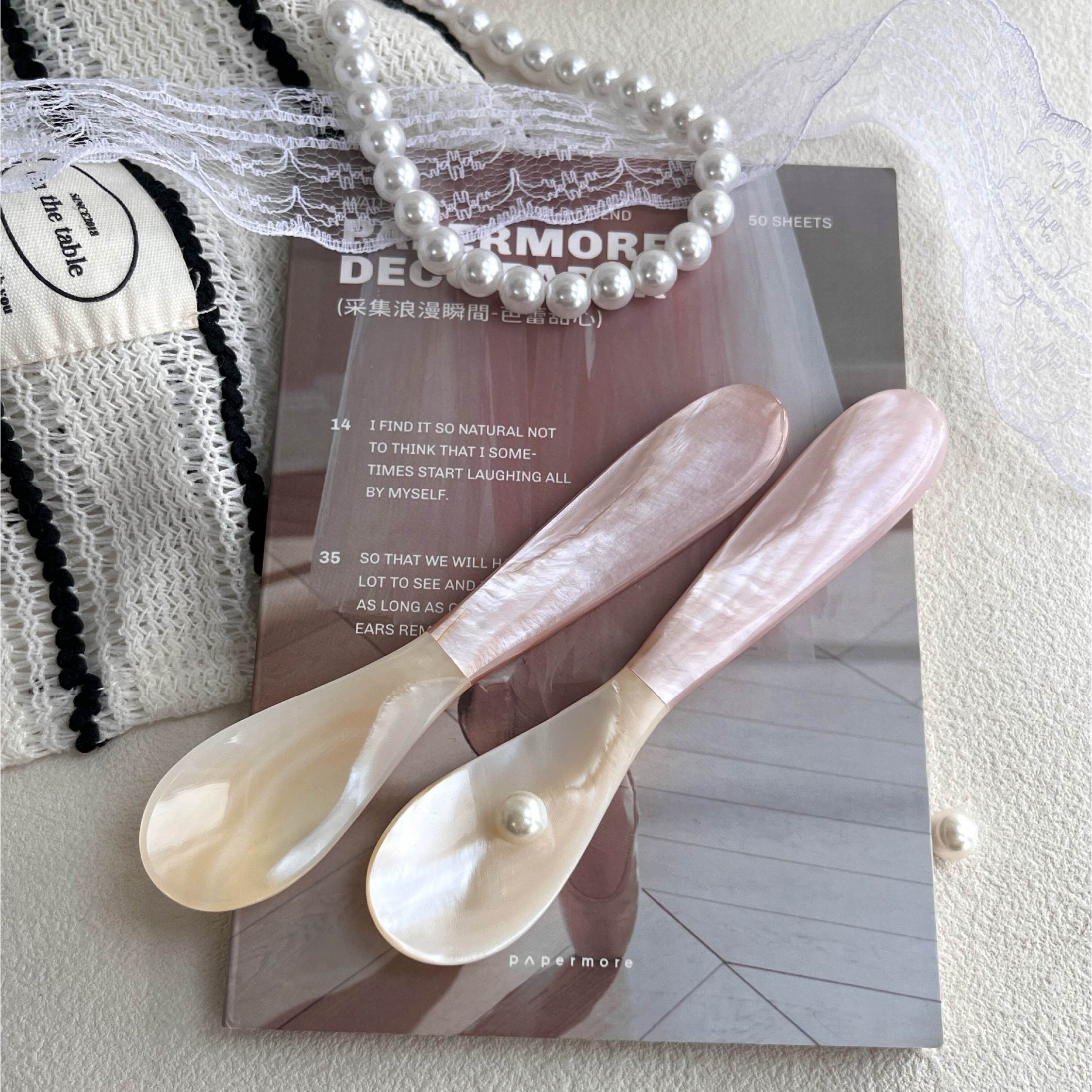 Pink Mother of Pearl Serving Spoon & Folk - Handmade 1 Set