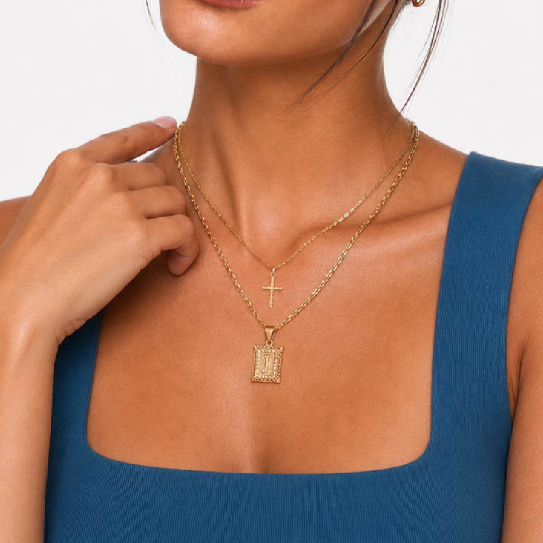 2pc 14k Initial & Cross Necklace Set
