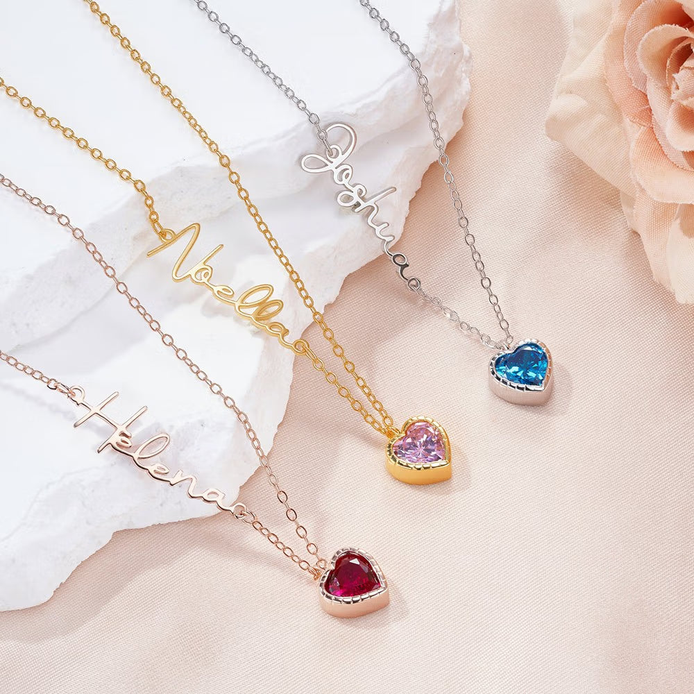 Personalized Sideway Name Necklace with Heart Birthstone