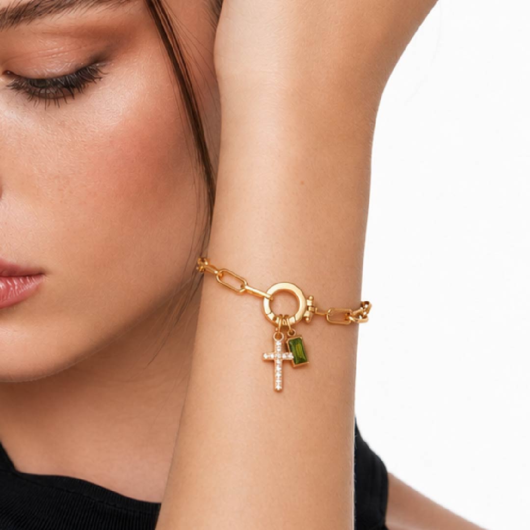 Paperclip Birthstone Cross Charm Bracelet