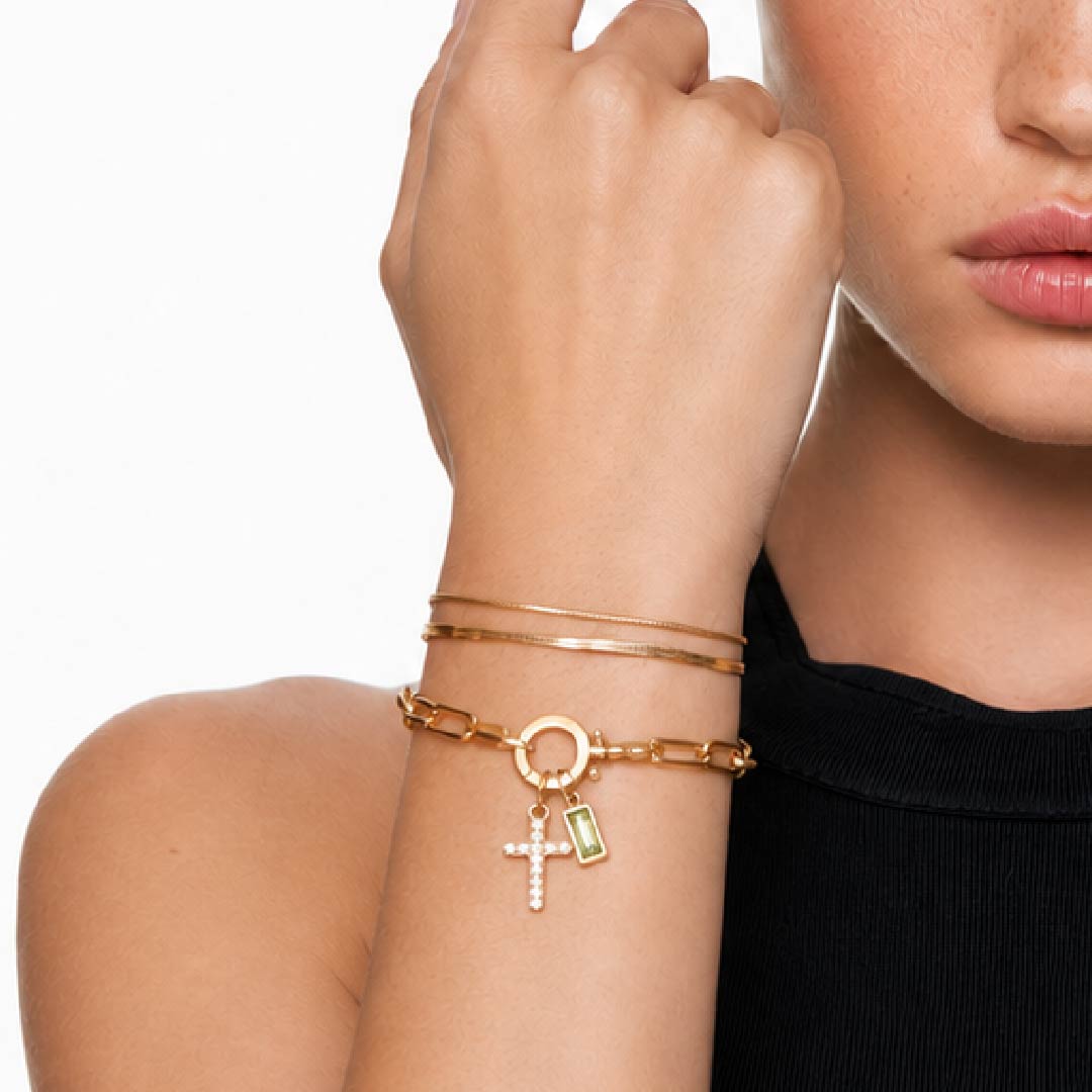 Paperclip Birthstone Cross Charm Bracelet