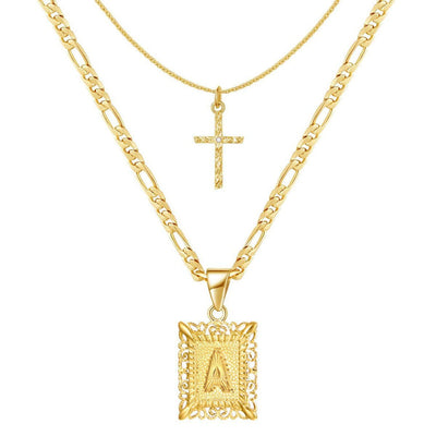 2pc 14k Initial & Cross Necklace Set