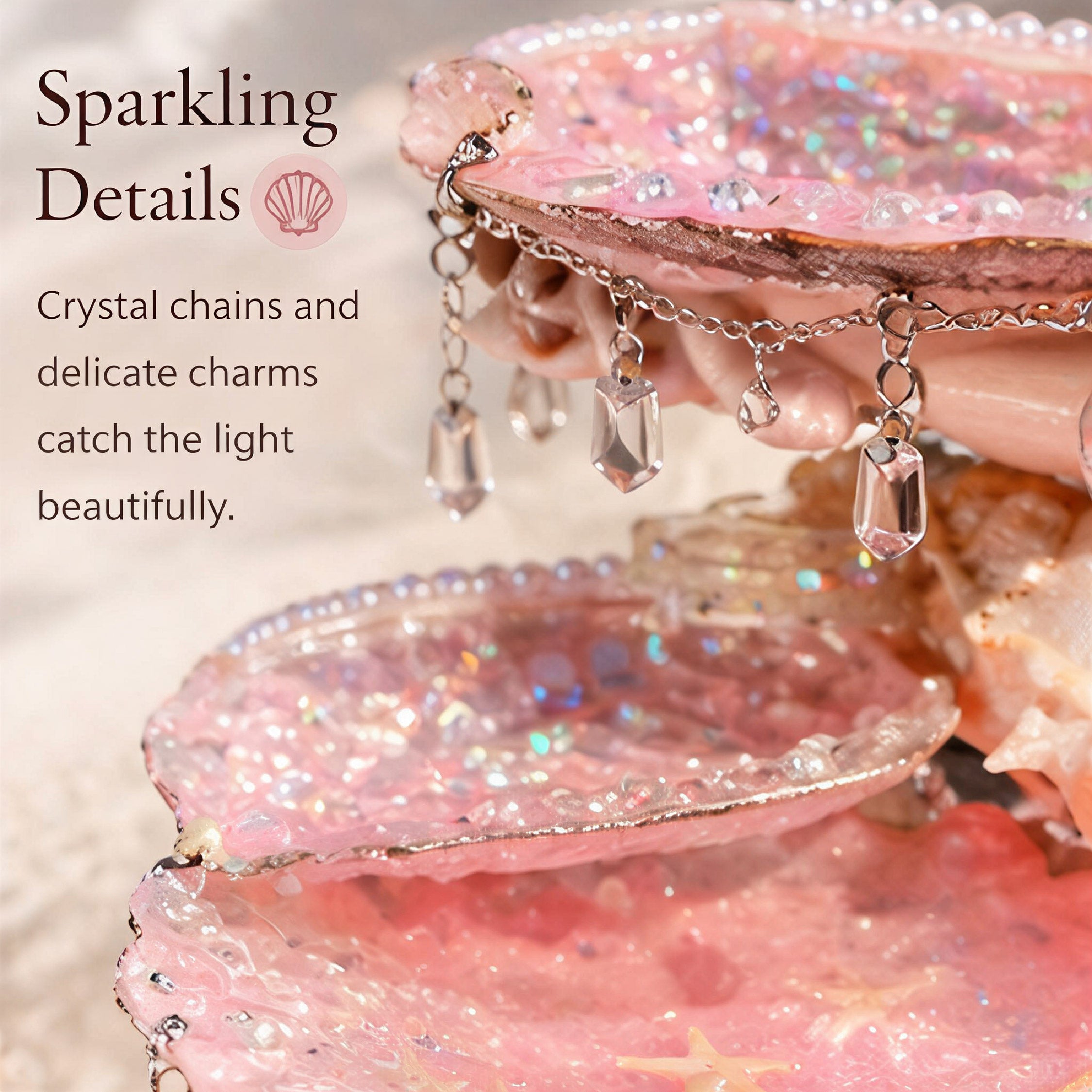 Sea Breeze Glittering Shell Mermaid Petite Double-Tier Jewelry Tray - Handcrafted 1 PC