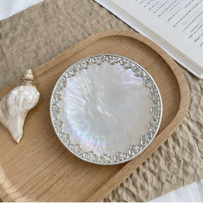 Full Wrap Silver Patterned Mother of Pearl Plate/Jewelry Tray - Handmade 1 PC