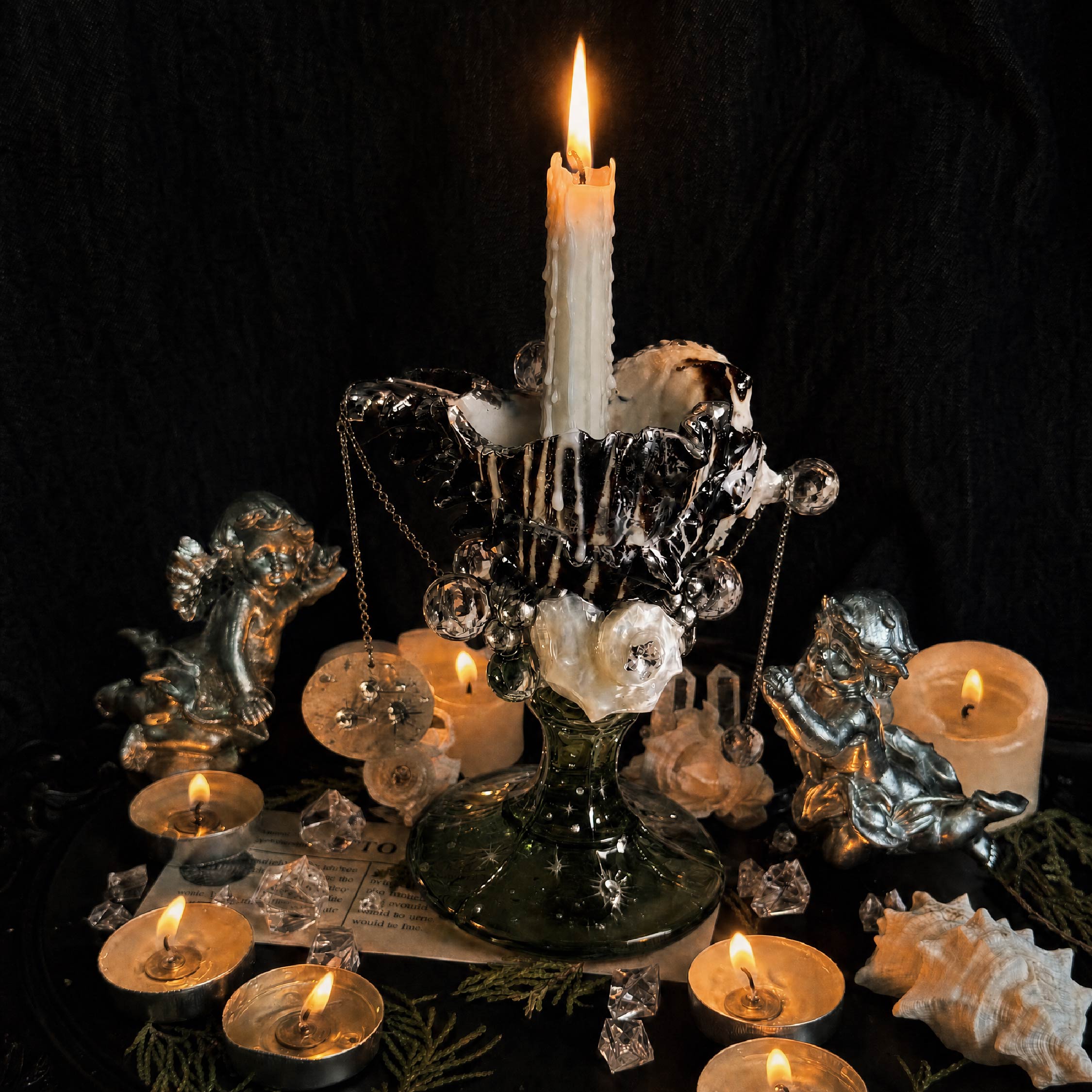 Sacred Nocturne Artisanal Black Spiny Shell Trinket Jewelry & Candle Holder - Handcrafted 1 PC