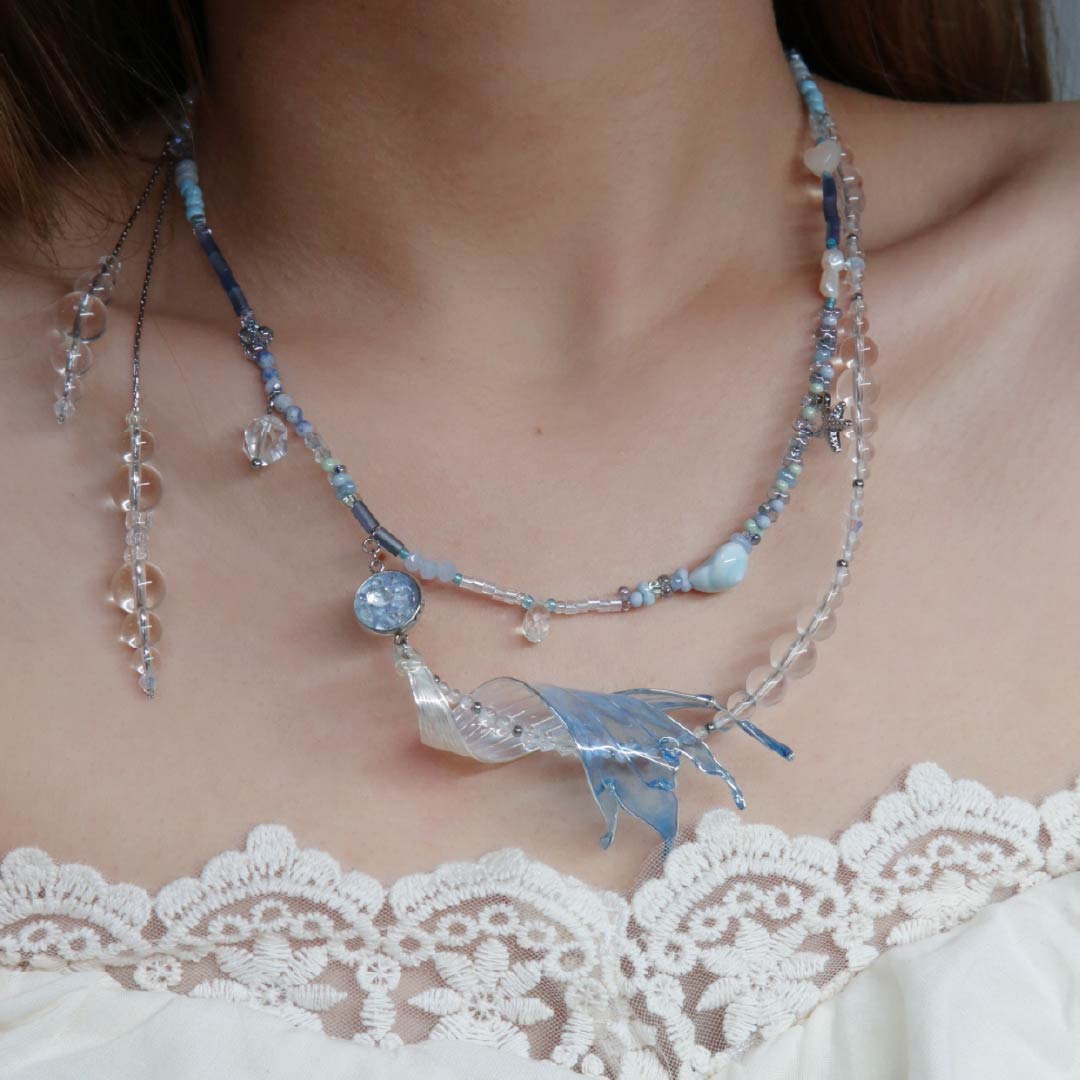 Mermaid’s Relic | Mermaid Tail & Fairy Wing Resin Double-Layer Necklace - Handcrafted 1 PC