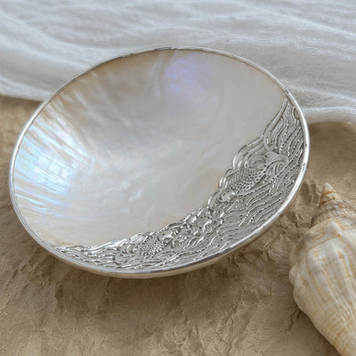 One-Sided Silver Patterned Mother of Pearl Plate/Jewelry Tray - Handmade 1 PC