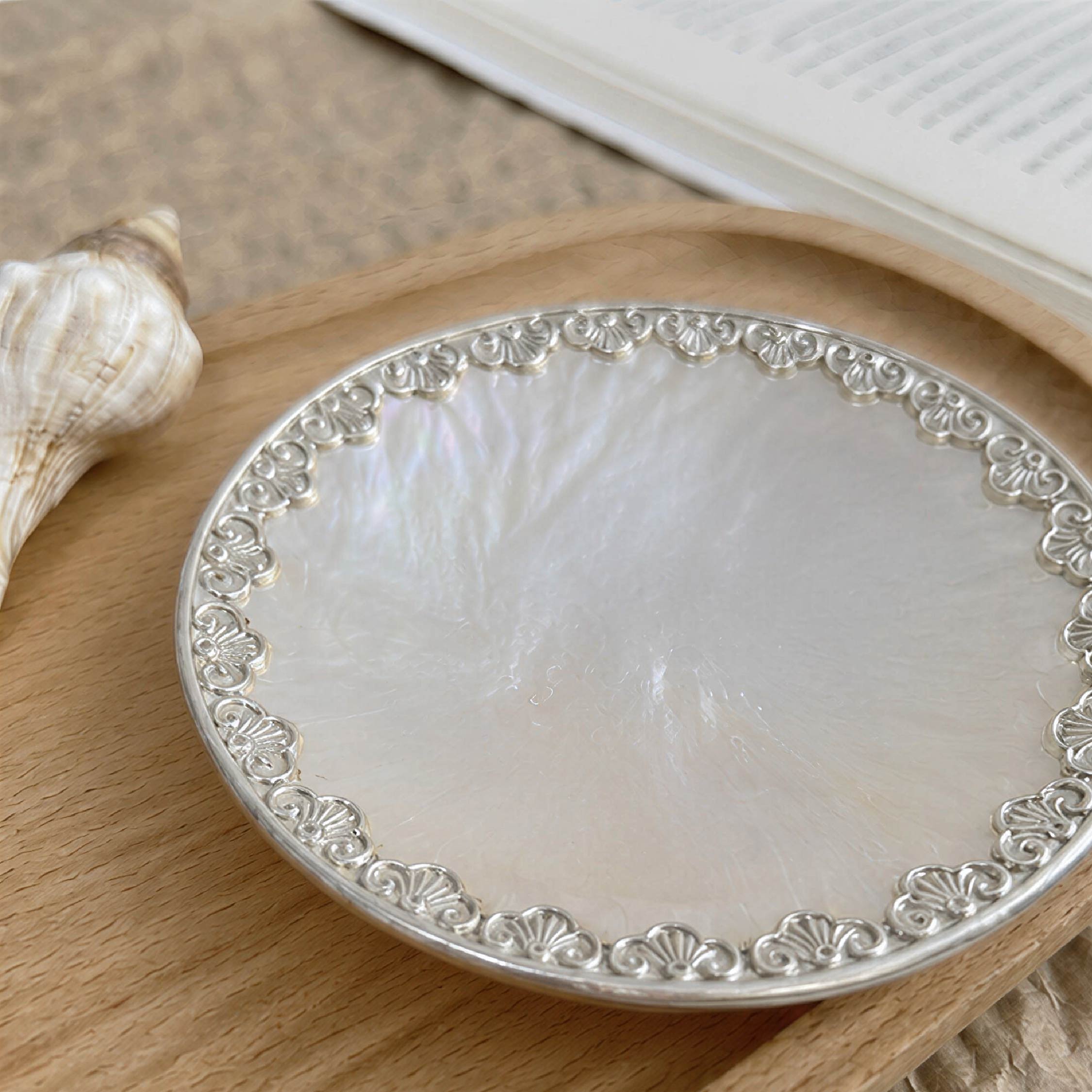 Full Wrap Silver Patterned Mother of Pearl Plate/Jewelry Tray - Handmade 1 PC