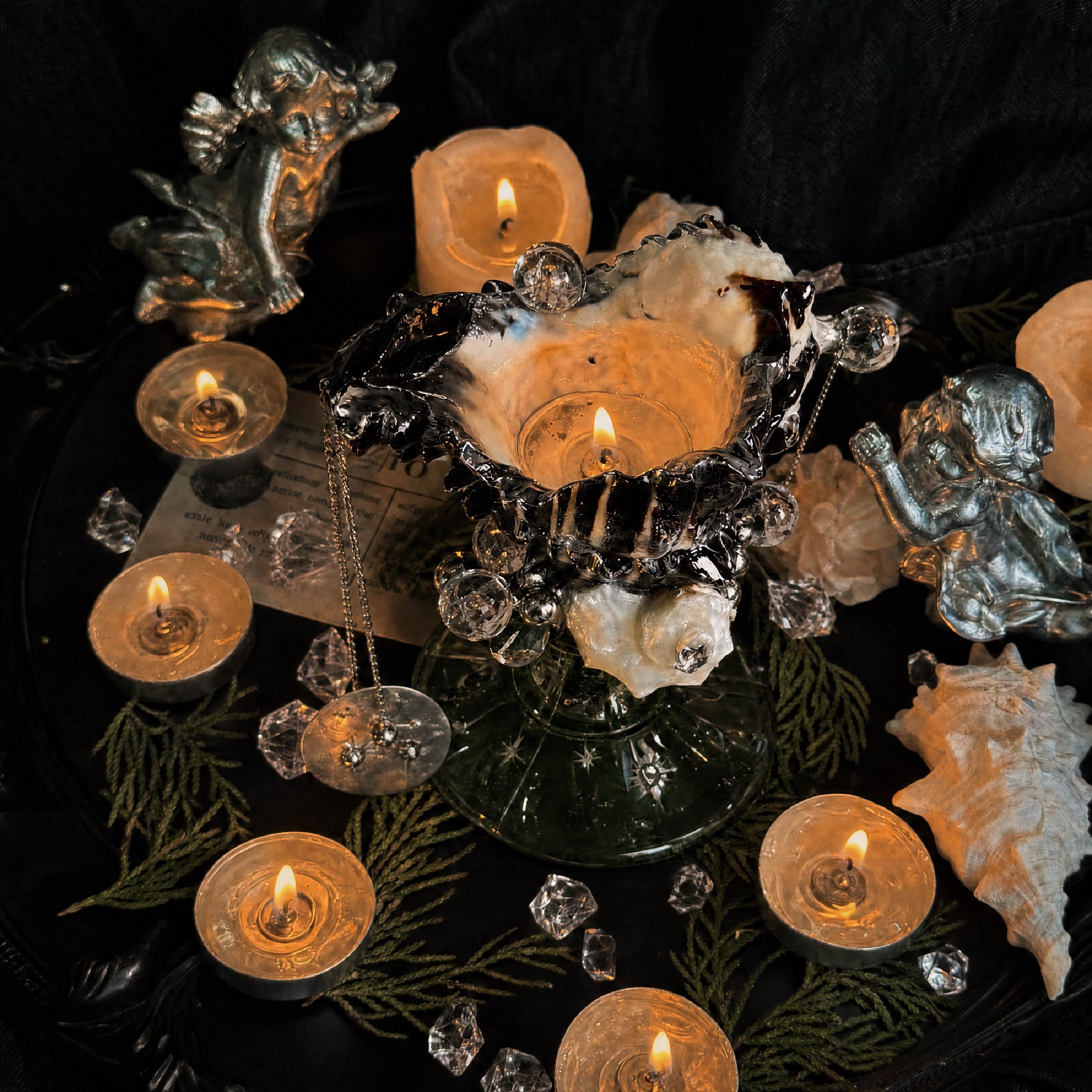 Sacred Nocturne Artisanal Black Spiny Shell Trinket Jewelry & Candle Holder - Handcrafted 1 PC