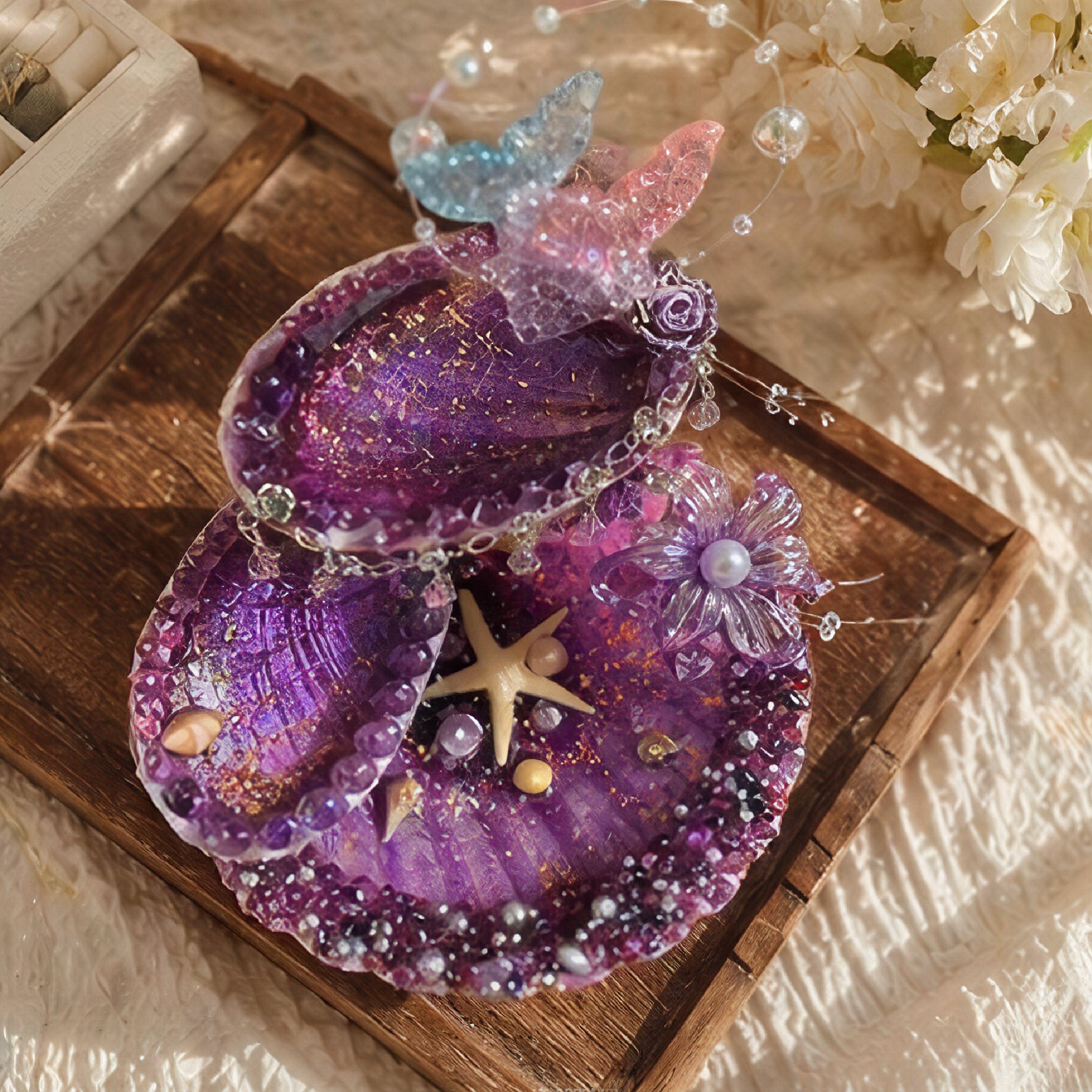 Lavender Shimmer Mermaid Petite 3-Tier Jewelry Tray - Handcrafted 1 PC