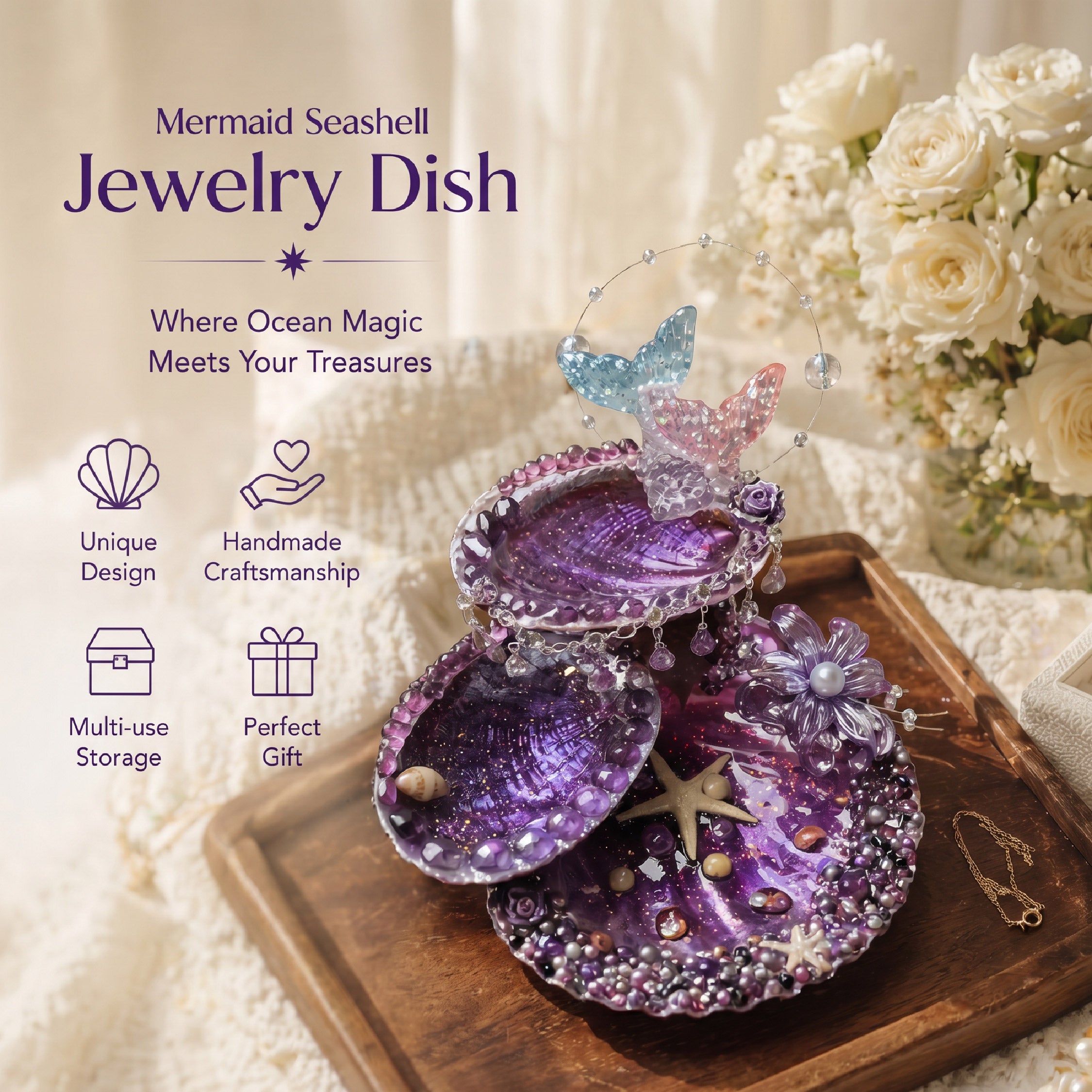 Lavender Shimmer Mermaid Petite 3-Tier Jewelry Tray - Handcrafted 1 PC