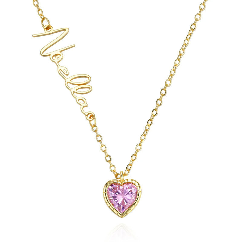 Personalized Sideway Name Necklace with Heart Birthstone