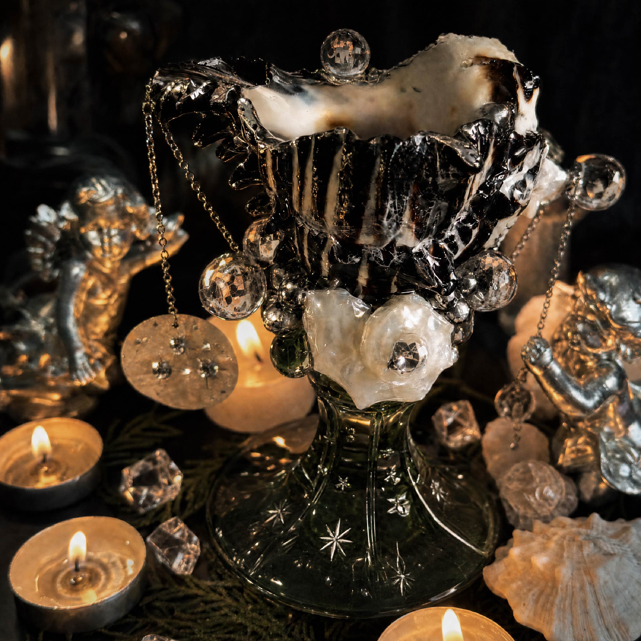 Sacred Nocturne Artisanal Black Spiny Shell Trinket Jewelry & Candle Holder - Handcrafted 1 PC