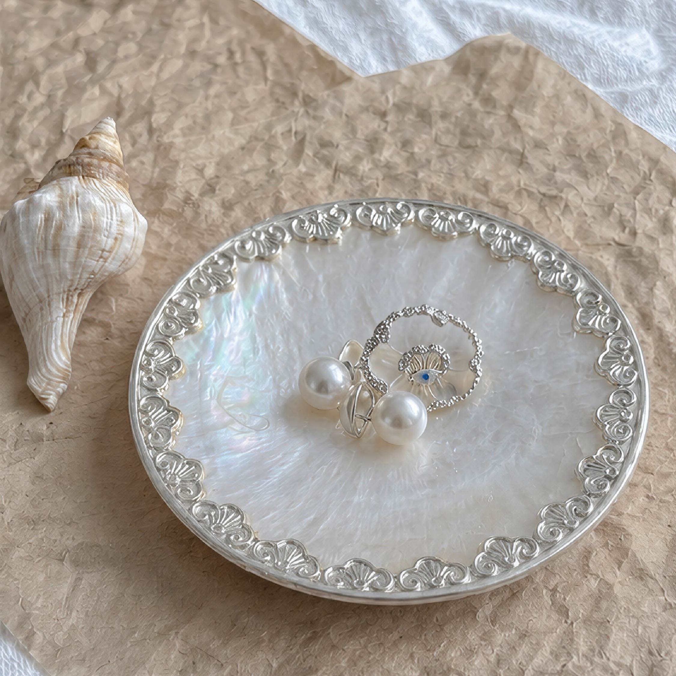 Full Wrap Silver Patterned Mother of Pearl Plate/Jewelry Tray - Handmade 1 PC