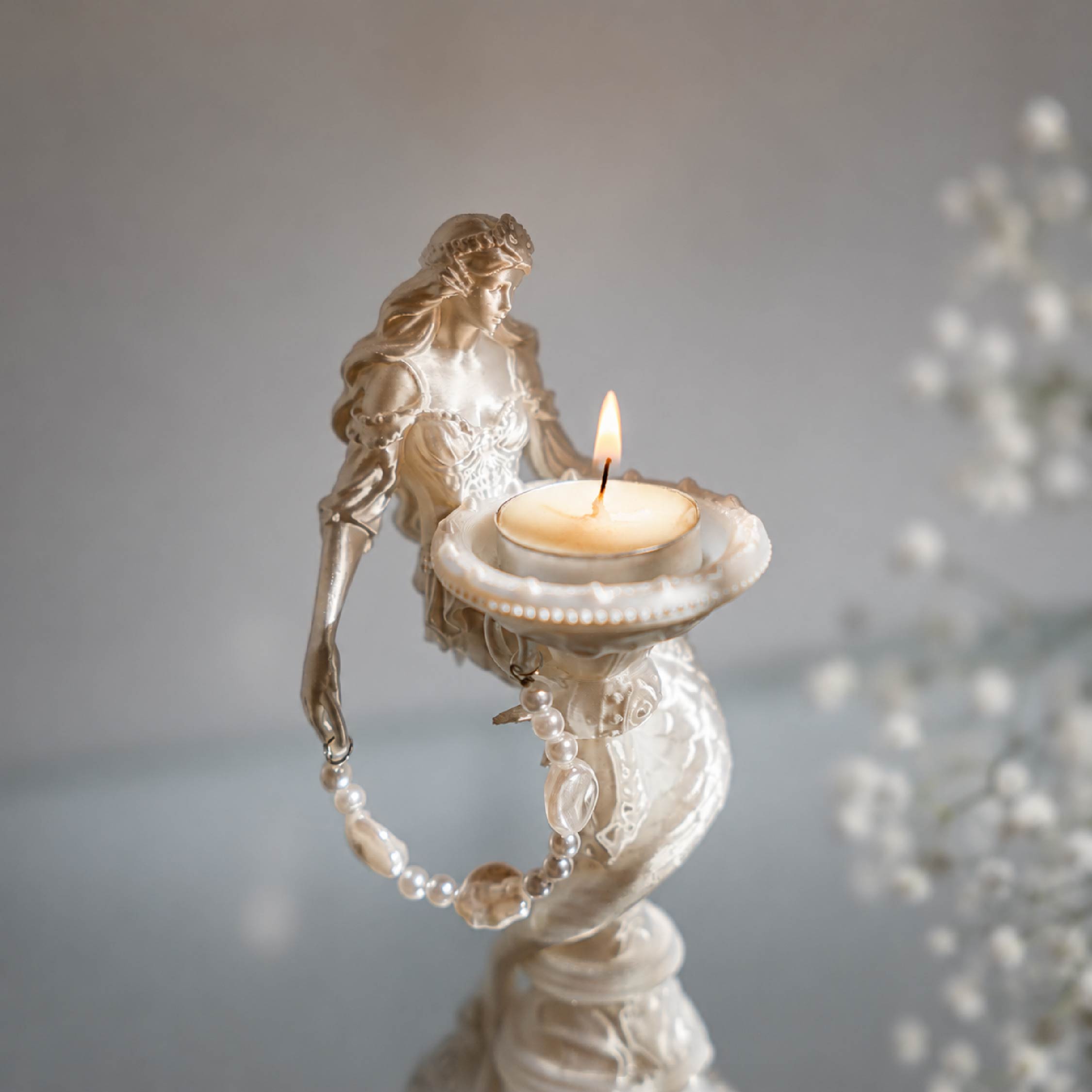 Vintage Mermaid’s Liquid-Pearl Resin Jewelry Tray & Candle Holder - Handcrafted 1 PC