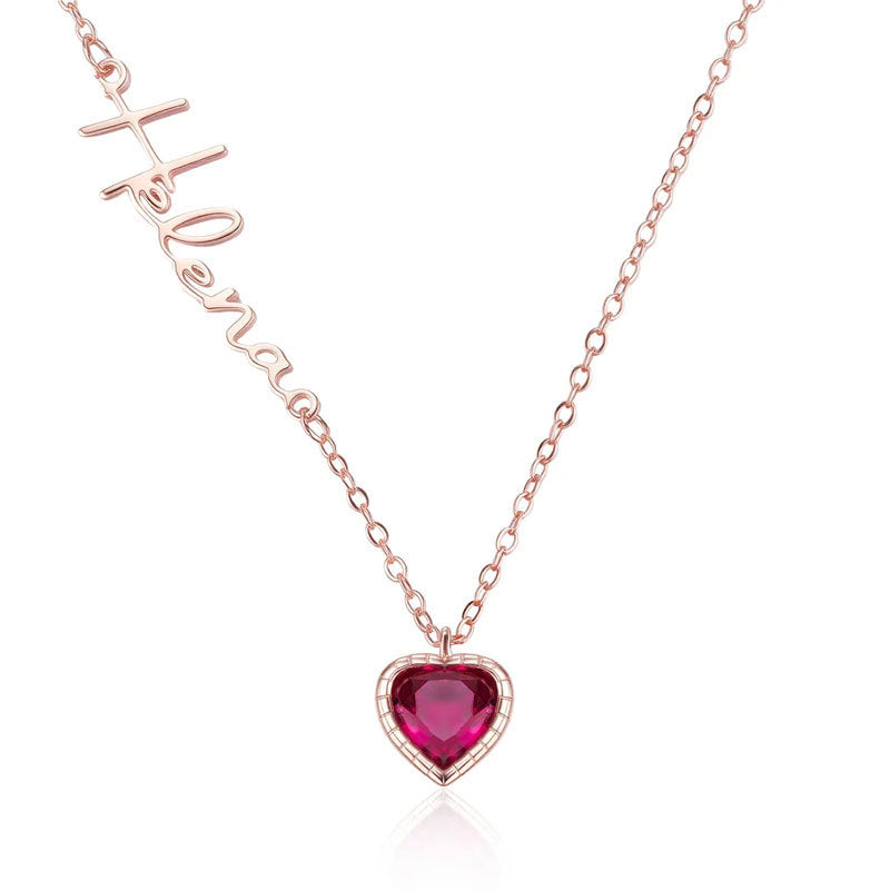 Personalized Sideway Name Necklace with Heart Birthstone