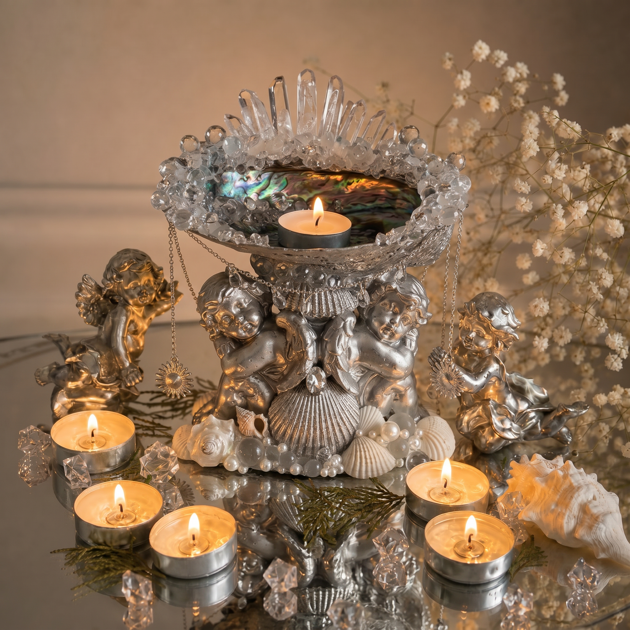 Twin Cherubs | Vintage One-of-a-Kind Mother of Pearl Jewelry & Candle Holder