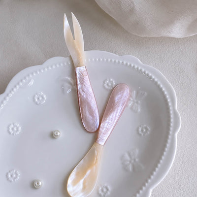 Pink Mother of Pearl Serving Spoon & Folk - Handmade 1 Set