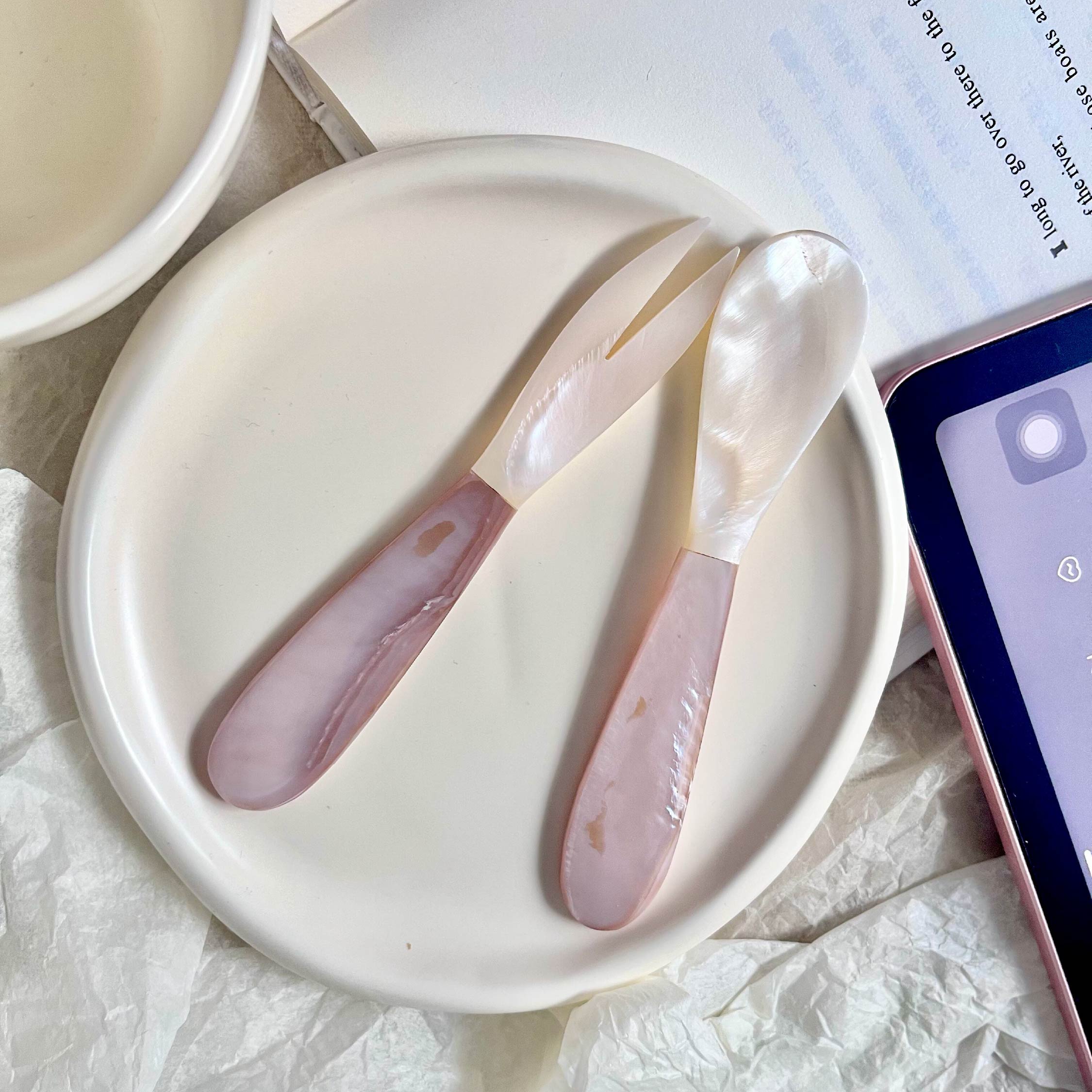 Pink Mother of Pearl Serving Spoon & Folk - Handmade 1 Set