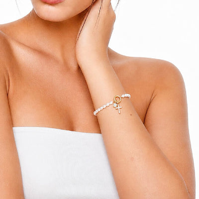 Pearl Birthstone Cross Charm Bracelet