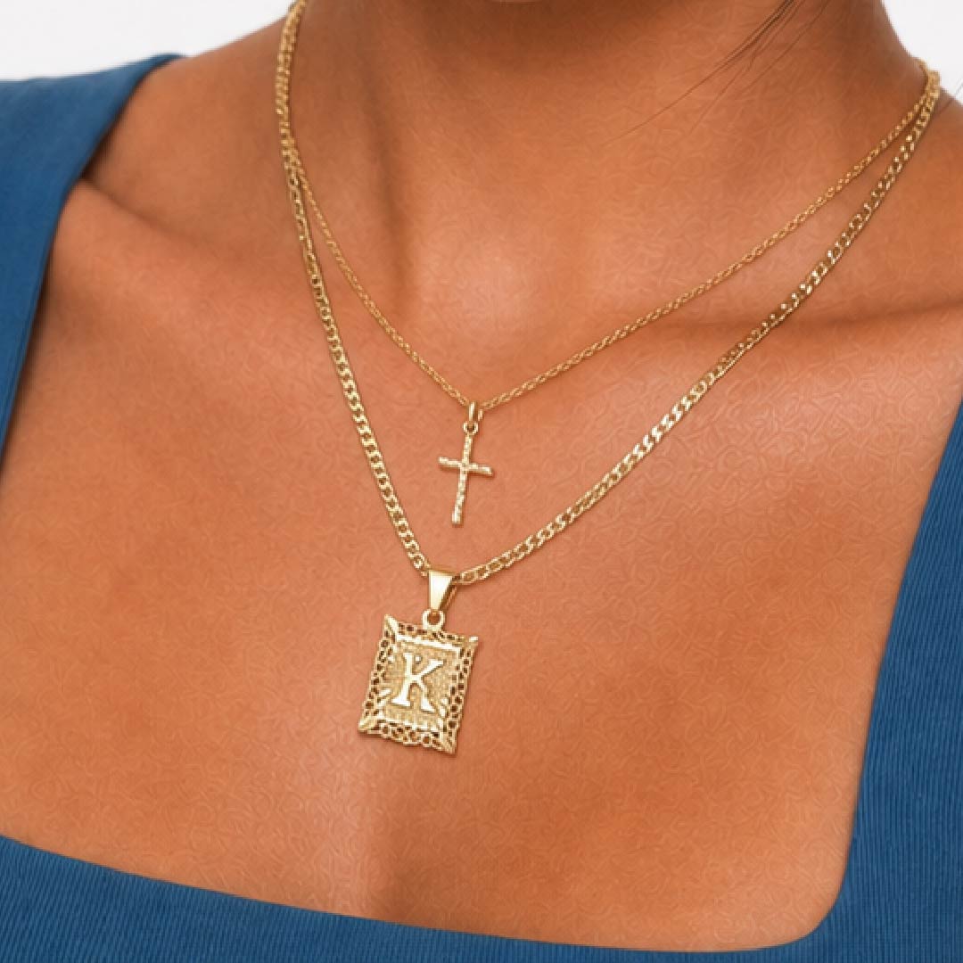 2pc 14k Initial & Cross Necklace Set