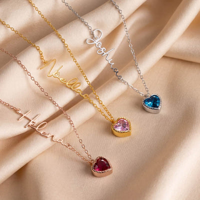 Personalized Sideway Name Necklace with Heart Birthstone