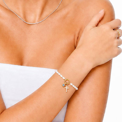 Pearl Birthstone Cross Charm Bracelet