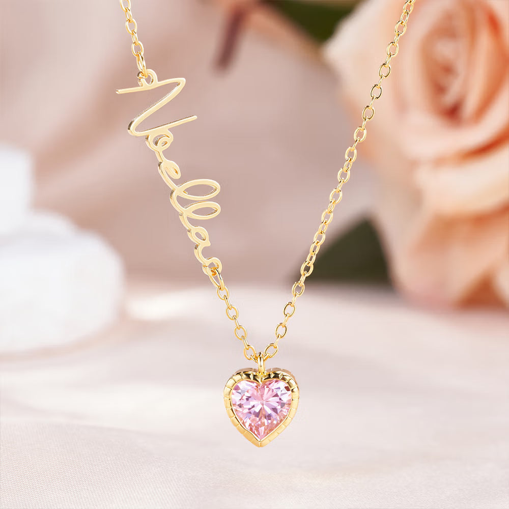 Personalized Sideway Name Necklace with Heart Birthstone
