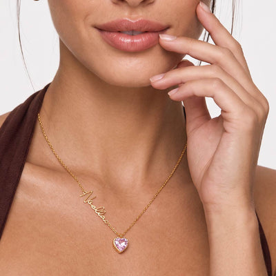 Personalized Sideway Name Necklace with Heart Birthstone